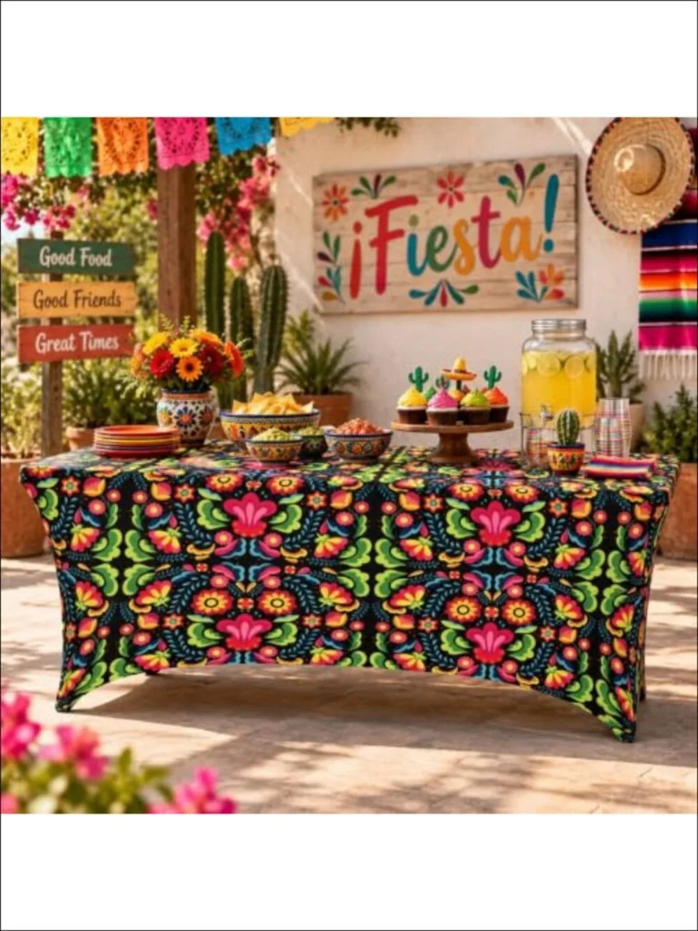2 Pc Mexico Tablecloth Set 6 FT Stretch Spandex Fiesta Party Decor